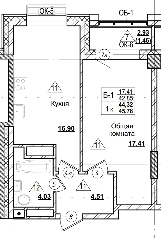 1 комн., 44.32 м²