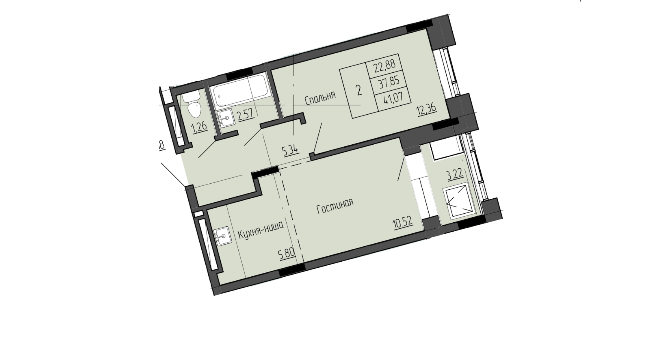 2 комн., 41.07 м²