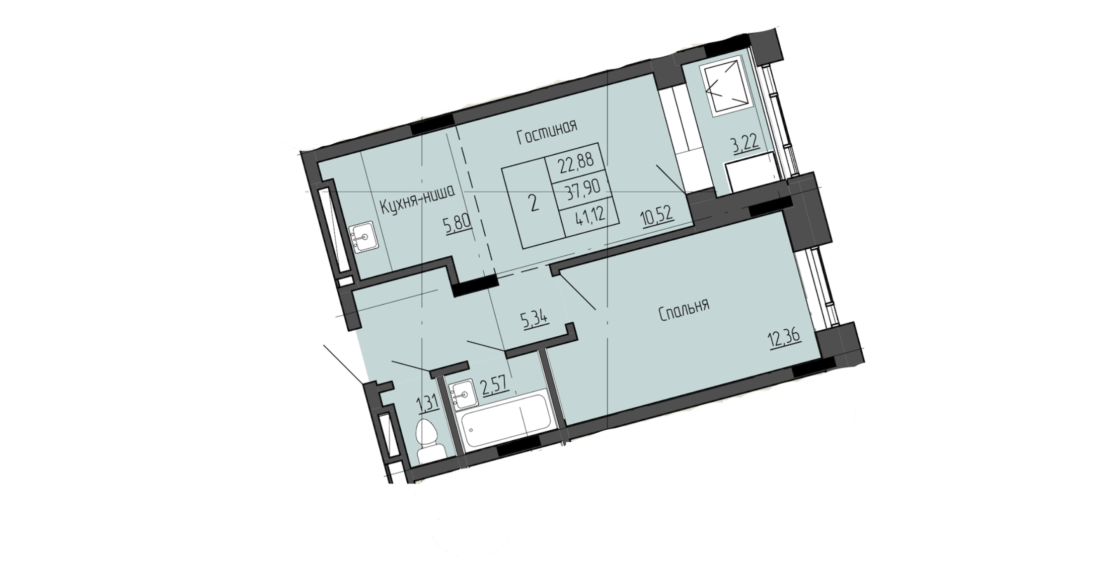 2 комн., 41.12 м²