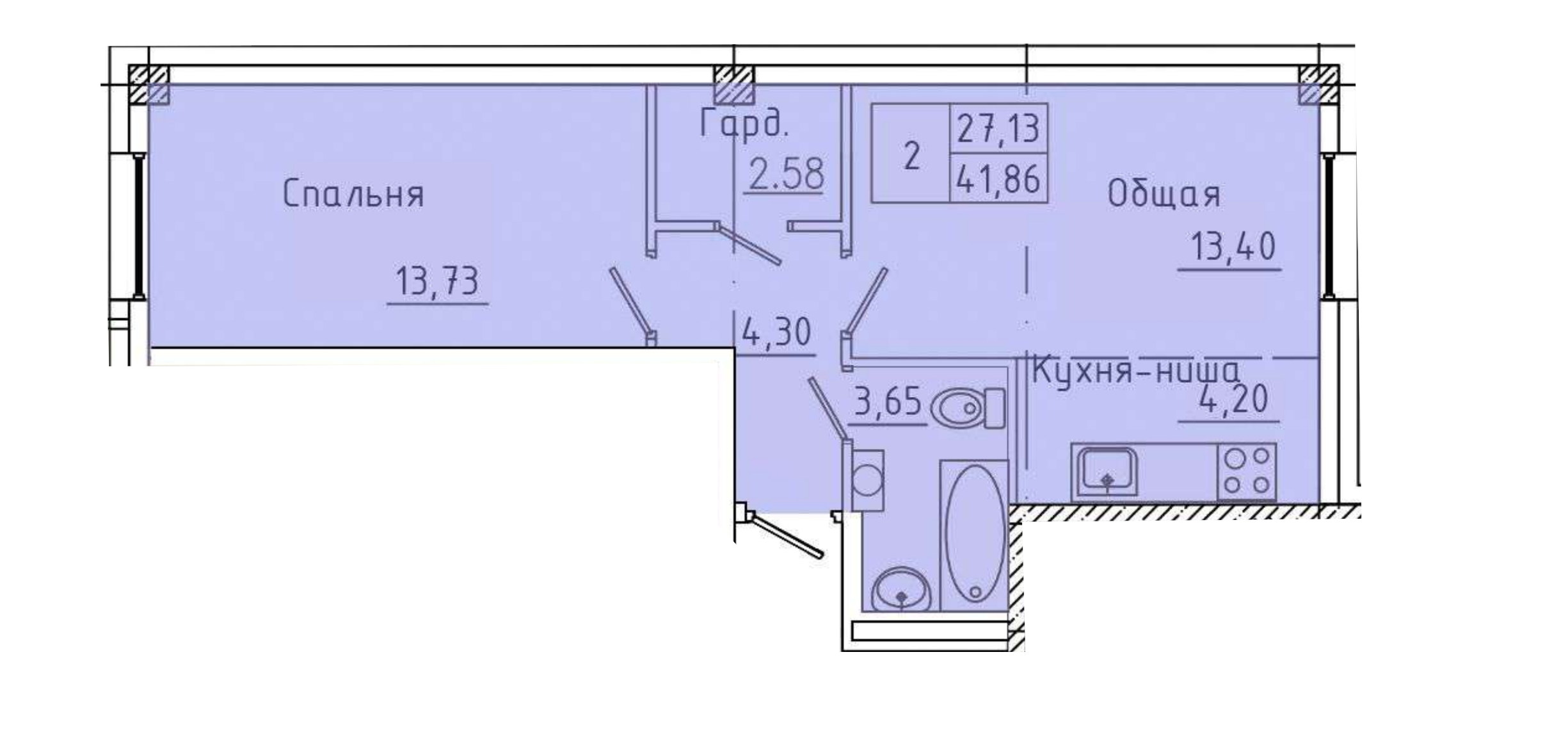 2 комн., 41.86 м²