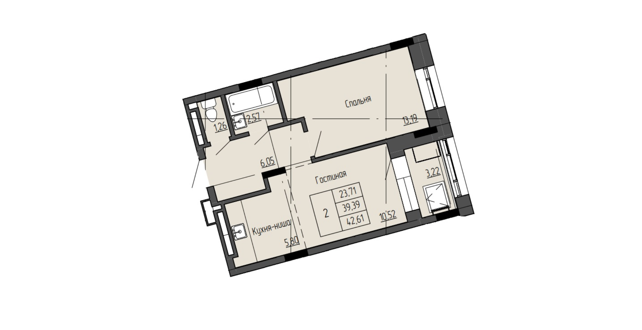 2 комн., 42.61 м²