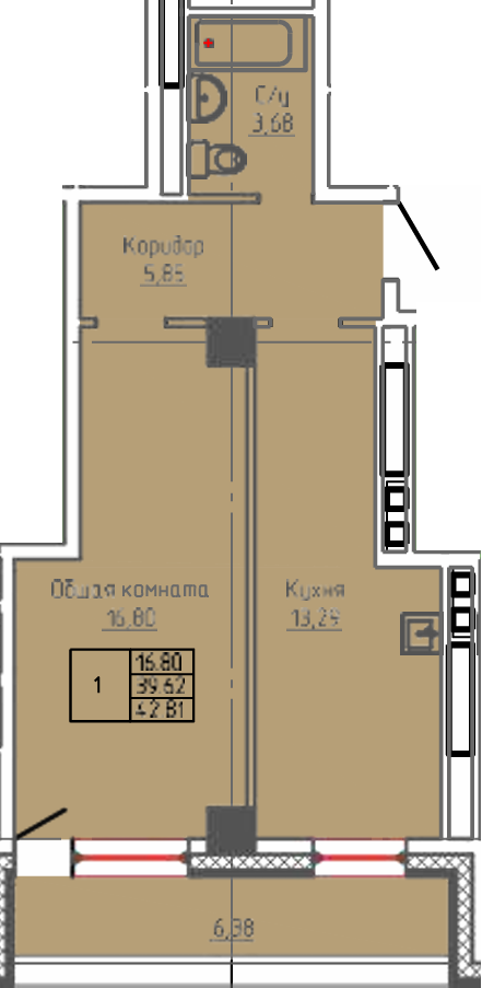 1 комн., 42.81 м²