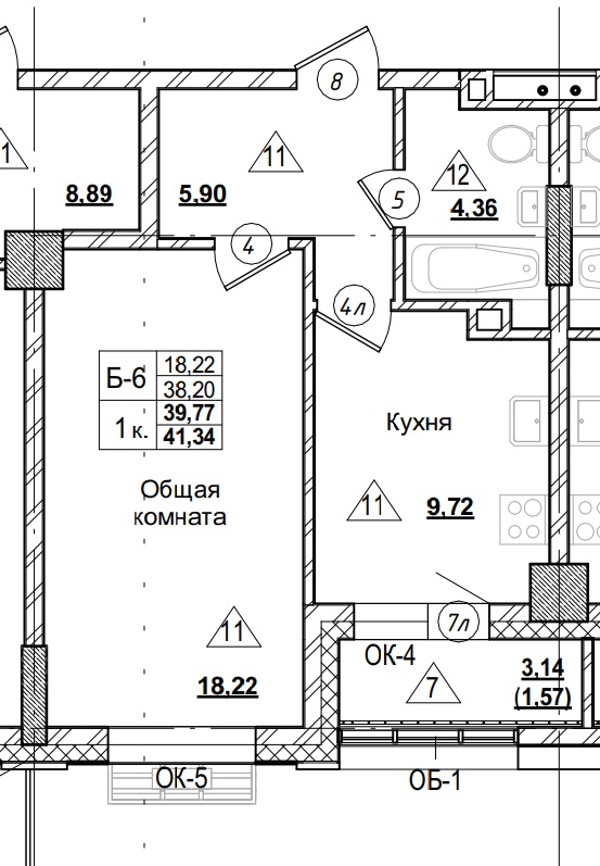 1 комн., 39.77 м²