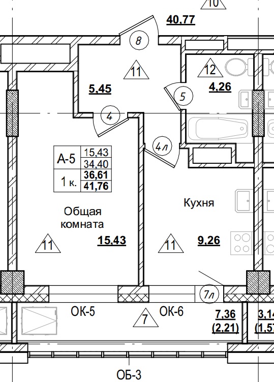 1 комн., 36.61 м²