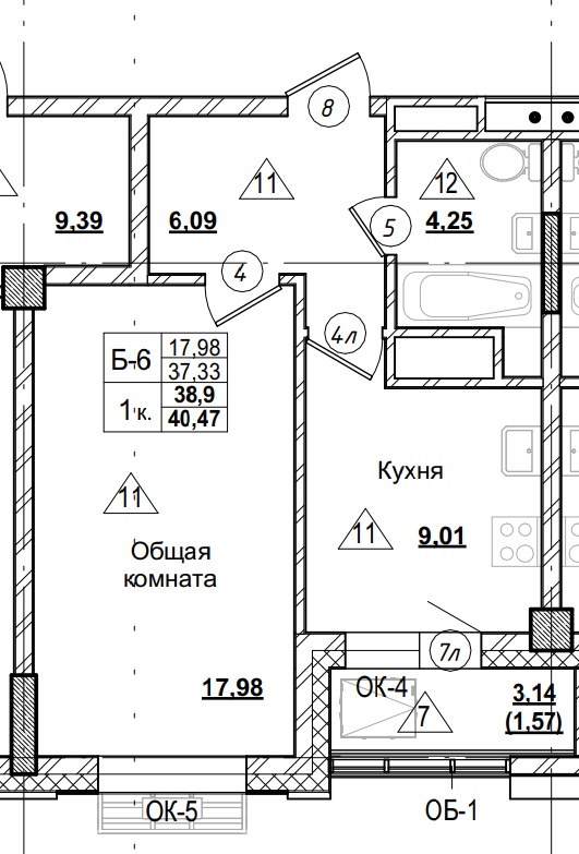 1 комн., 38.90 м²