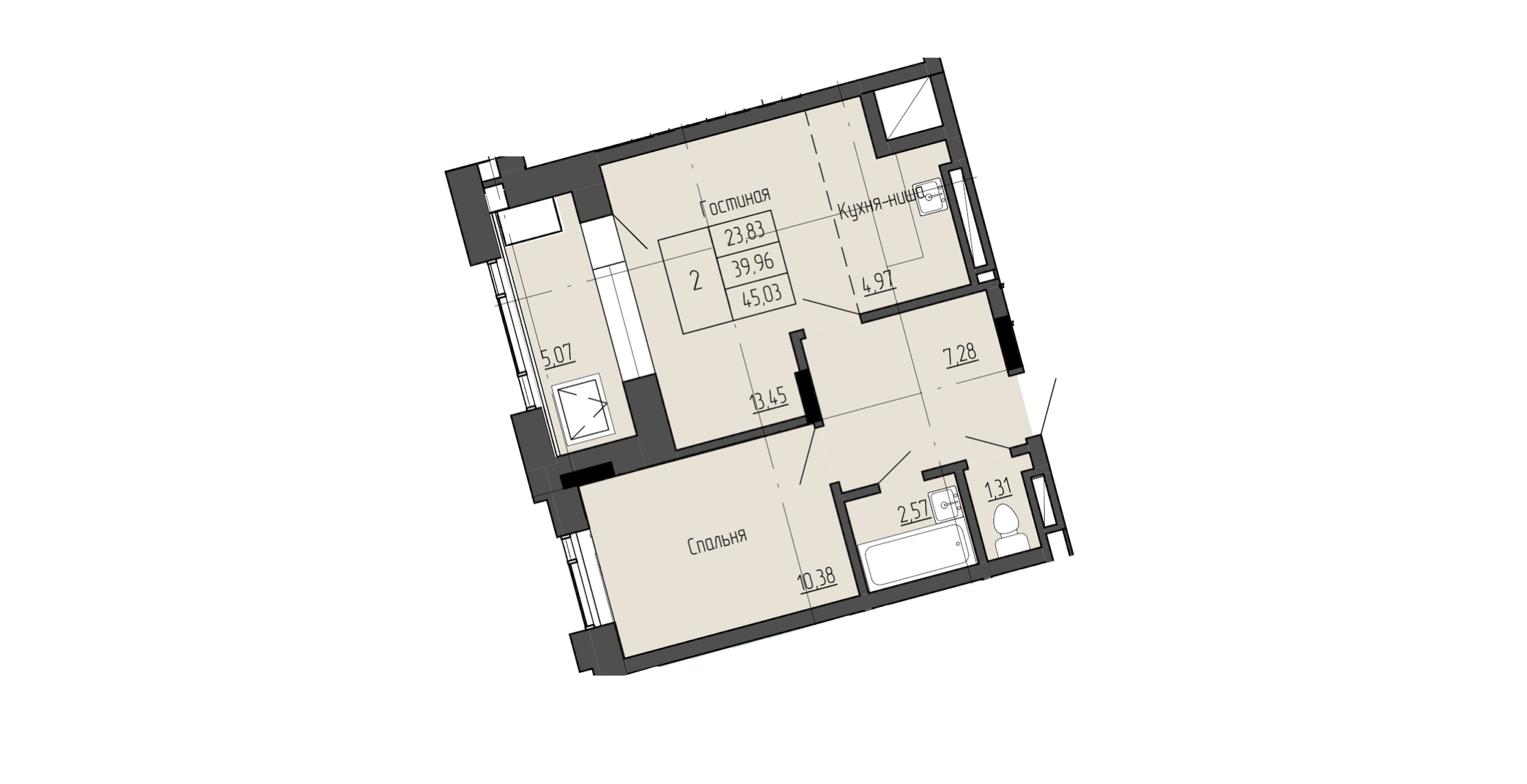 2 комн., 45.03 м²