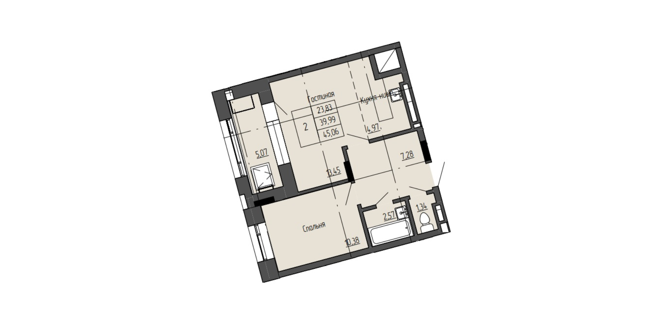 2 комн., 45.06 м²