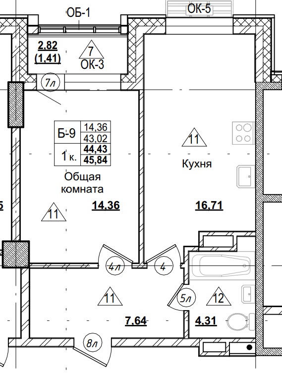 1 комн., 44.43 м²
