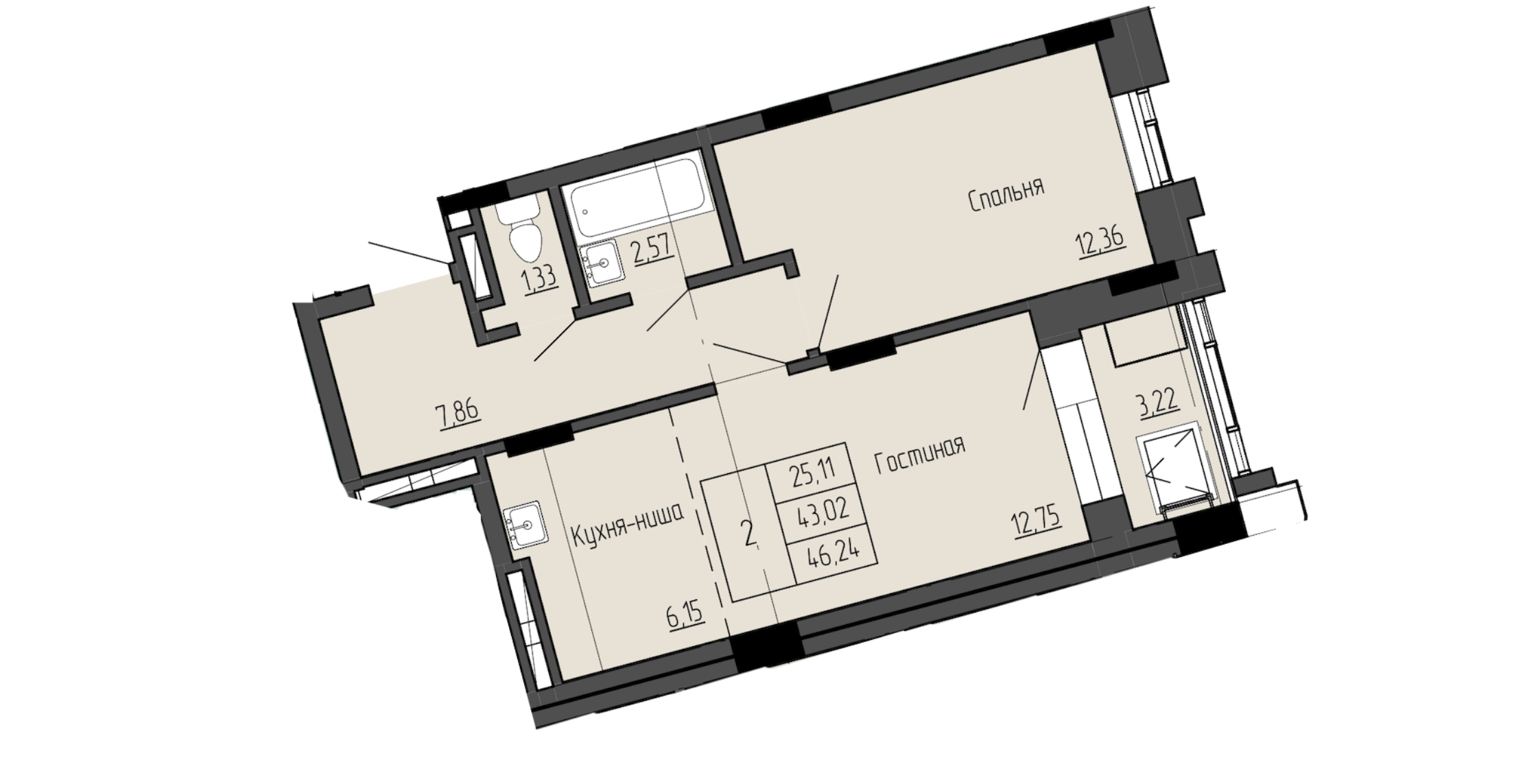 2 комн., 46.24 м²