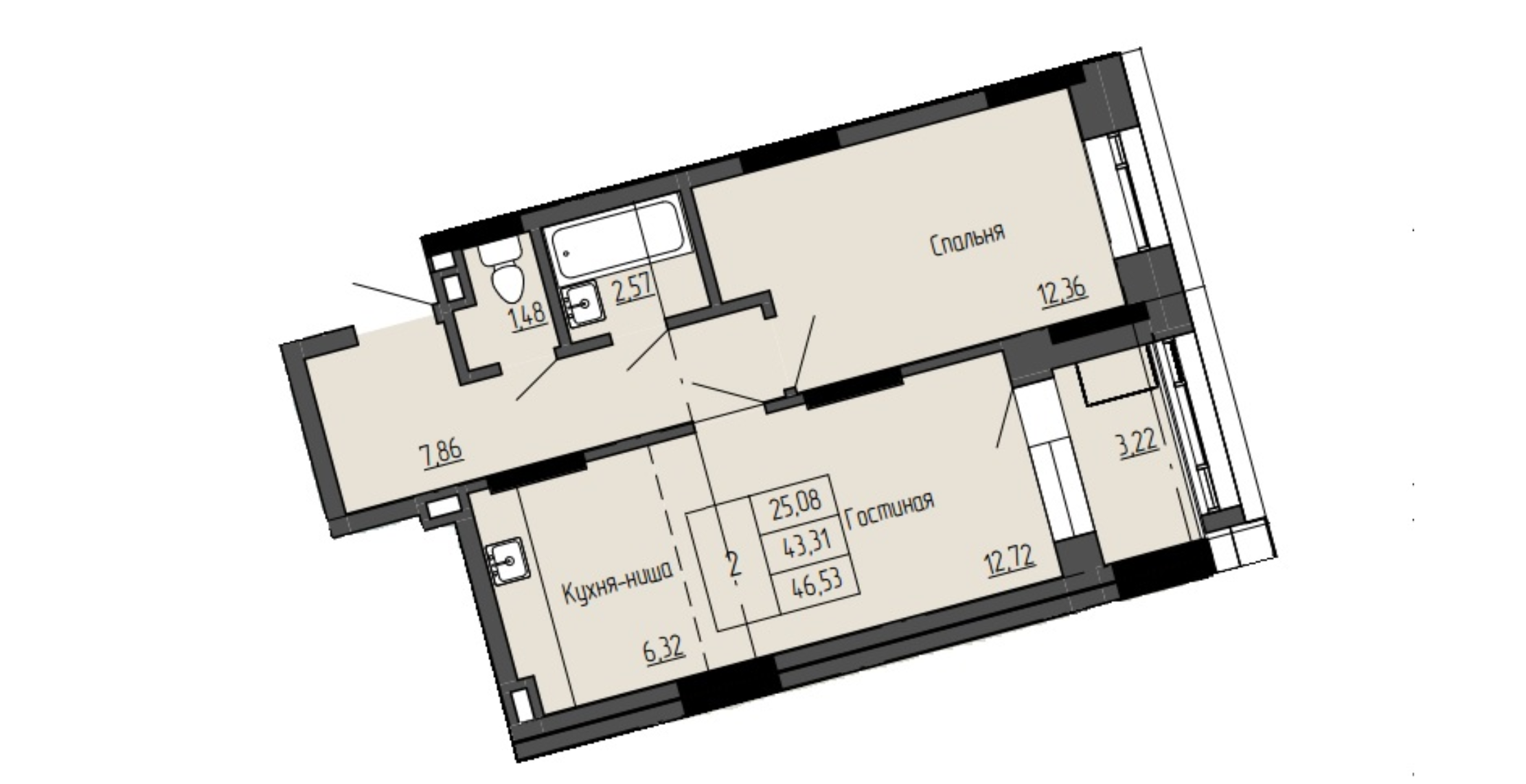 2 комн., 46.53 м²