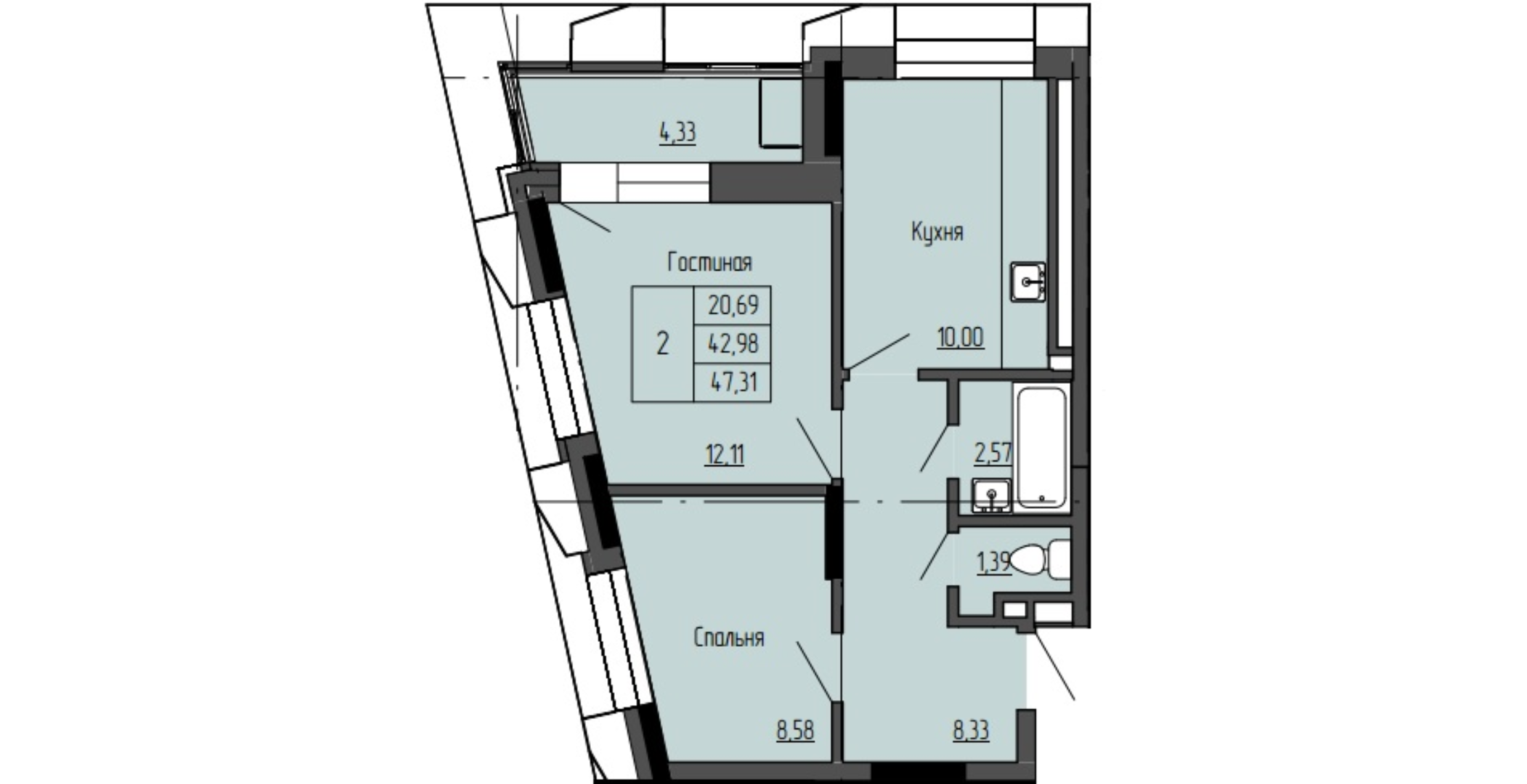 2 комн., 47.31 м²