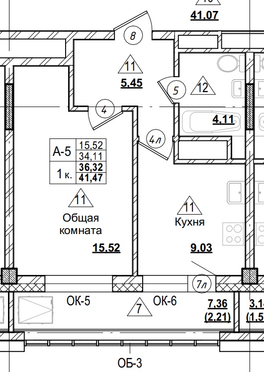 1 комн., 36.32 м²