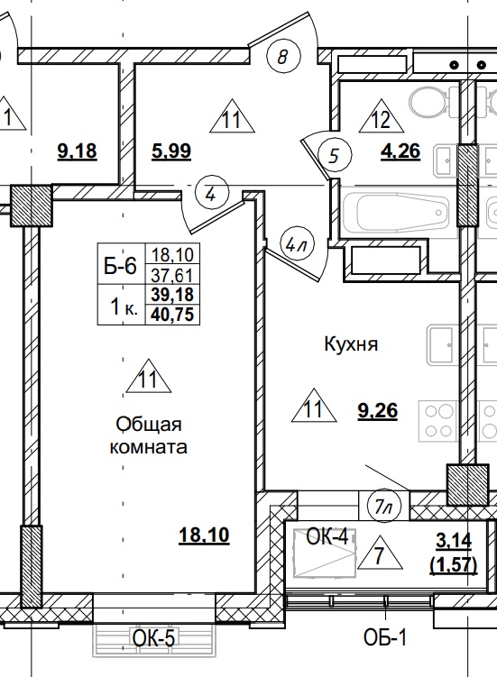 1 комн., 39.18 м²
