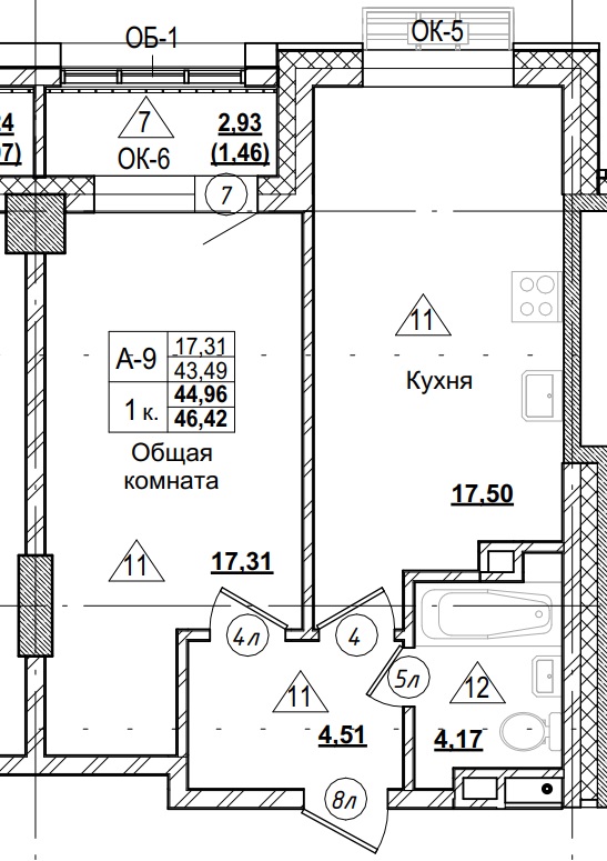 1 комн., 44.96 м²