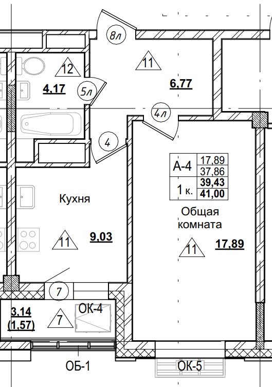 1 комн., 39.43 м²