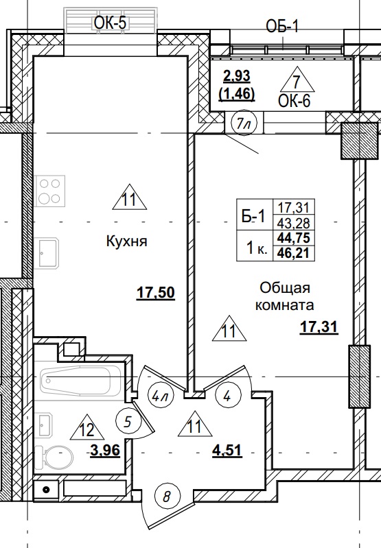 1 комн., 44.75 м²