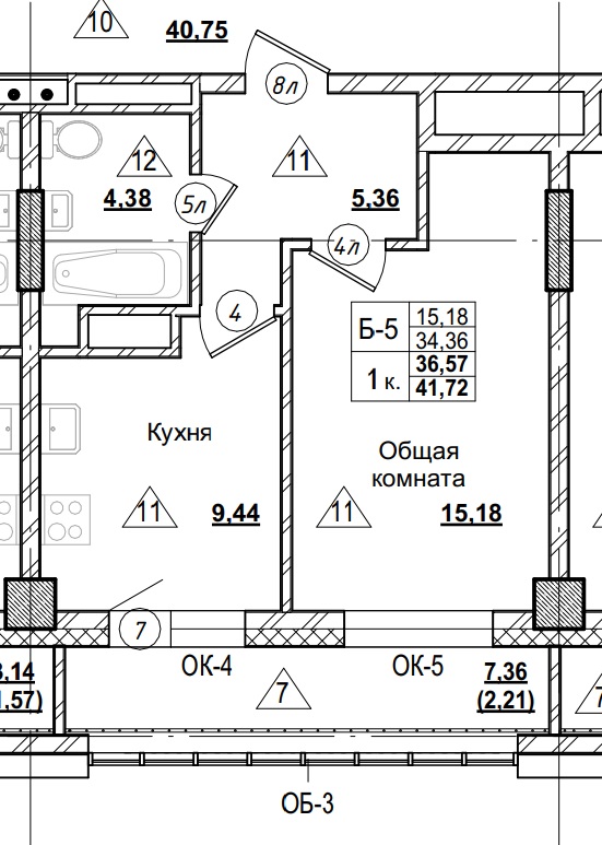 1 комн., 36.57 м²