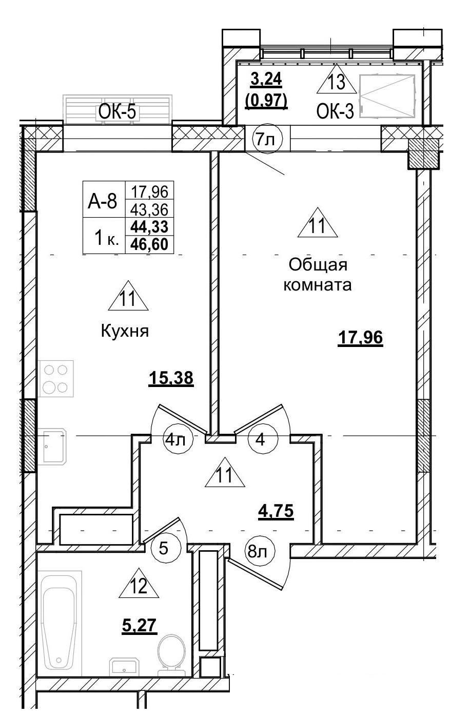 1 комн., 44.35 м²