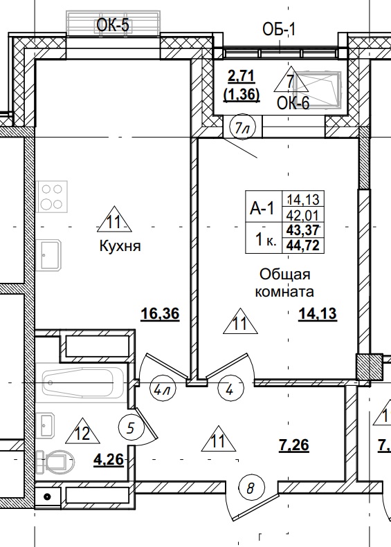 1 комн., 43.37 м²