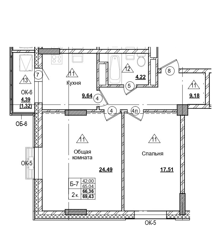 2 комн., 66.36 м²
