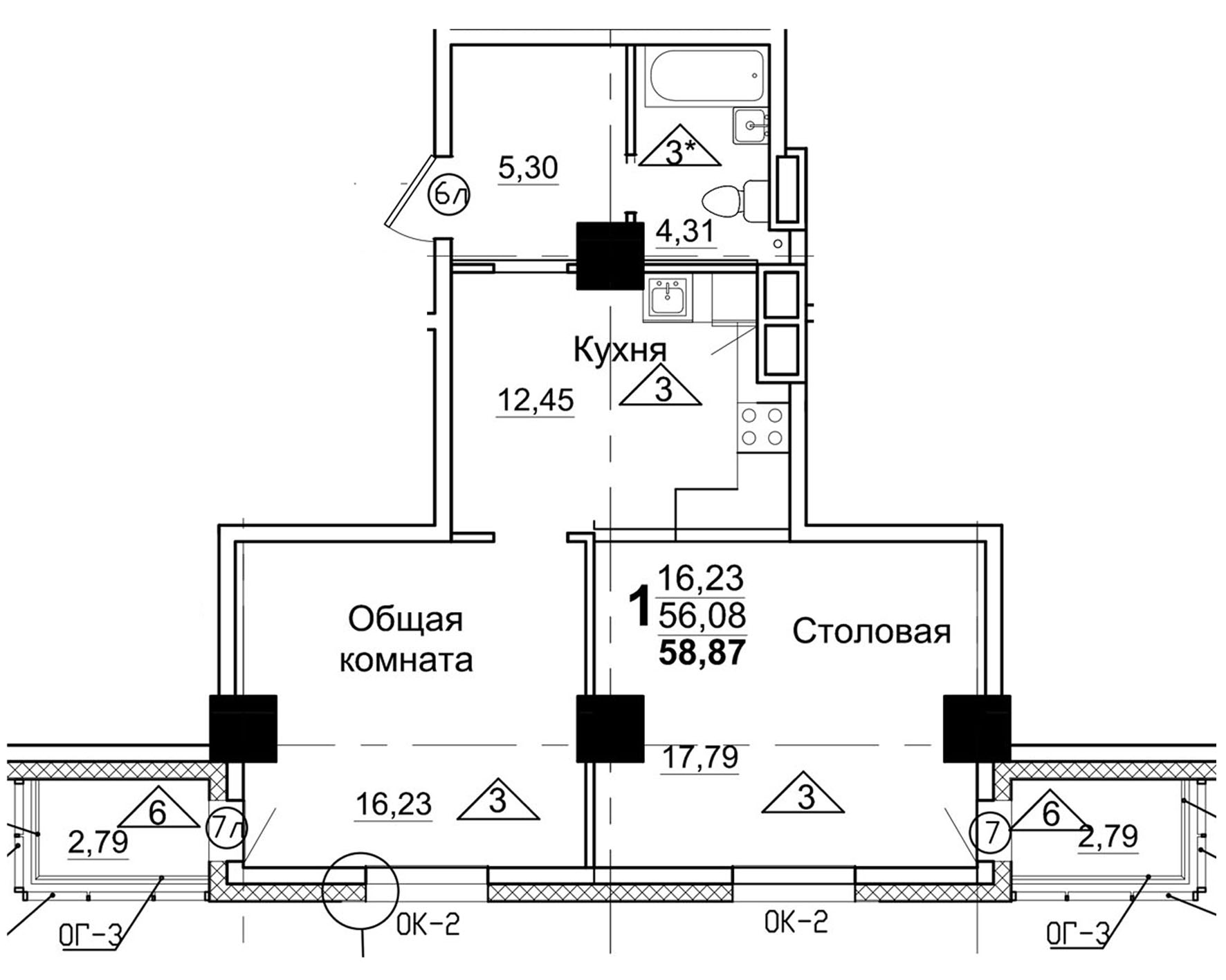 1 комн., 58.87 м²