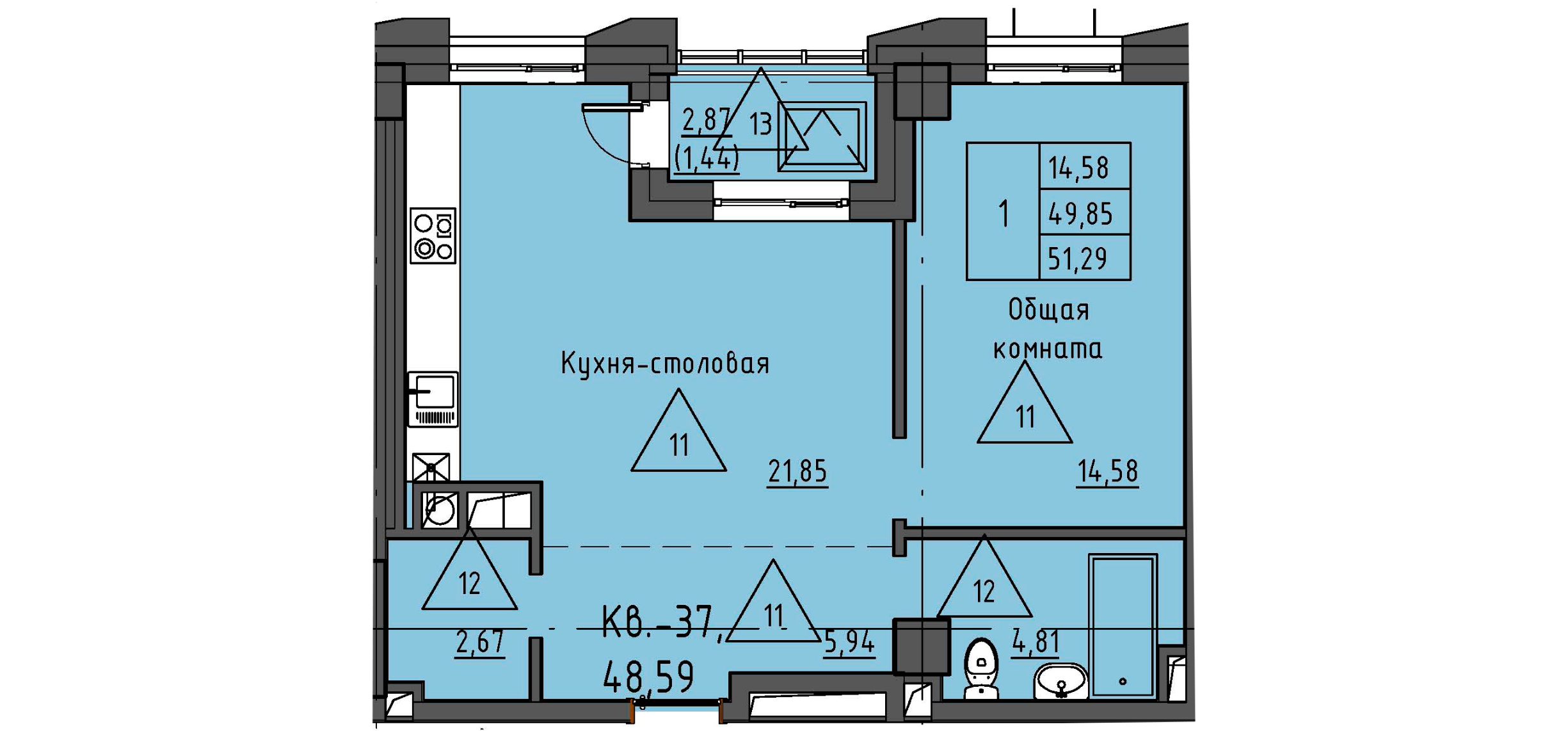 2 комн., 51.29 м²