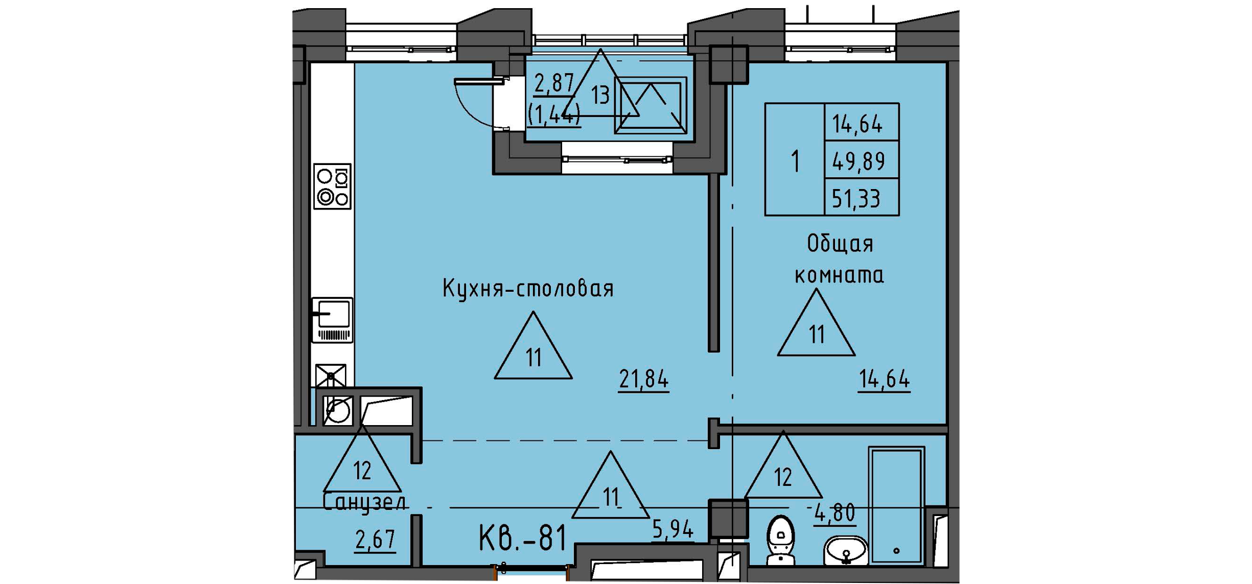 2 комн., 51.33 м²