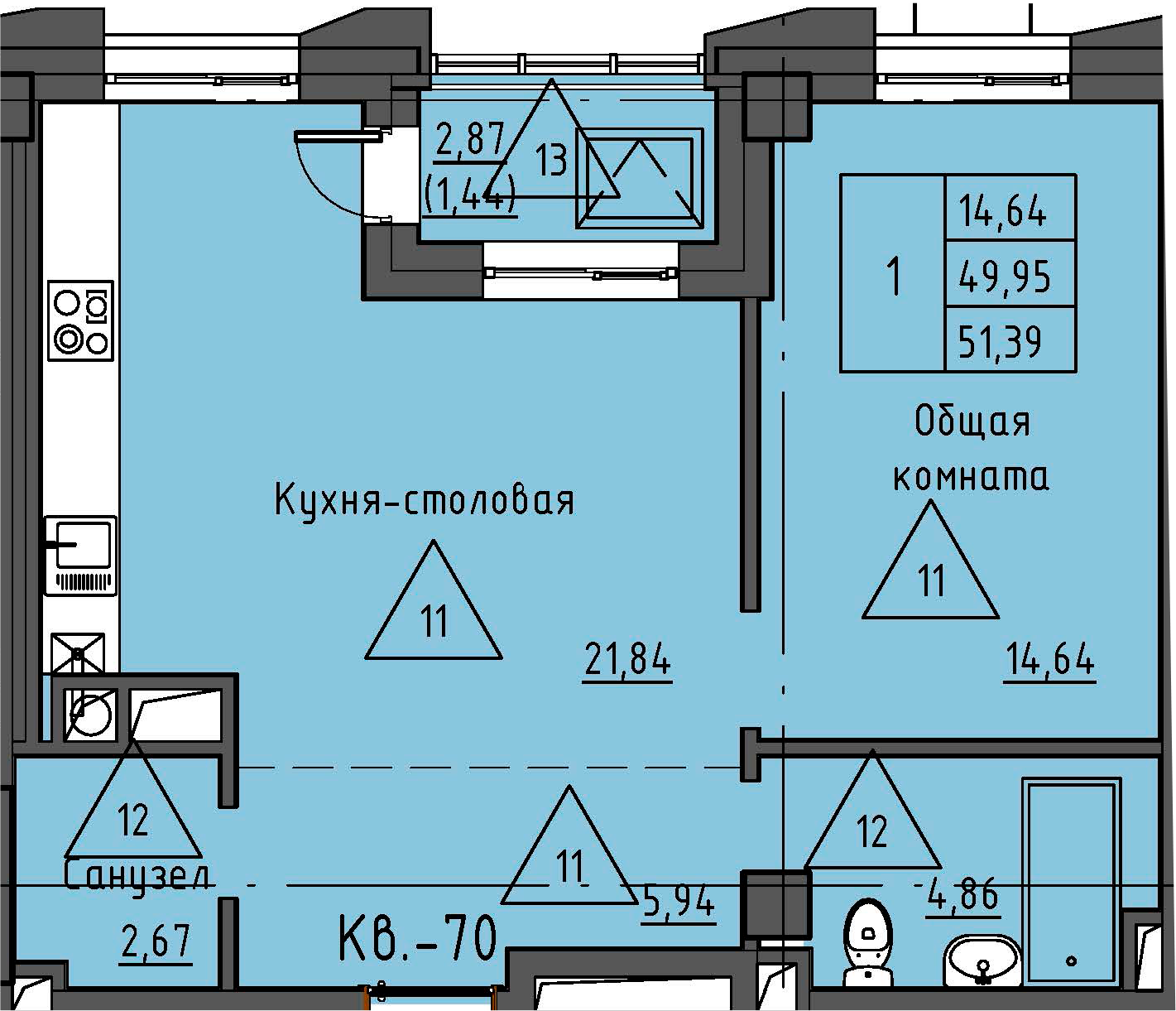 2 комн., 51.39 м²