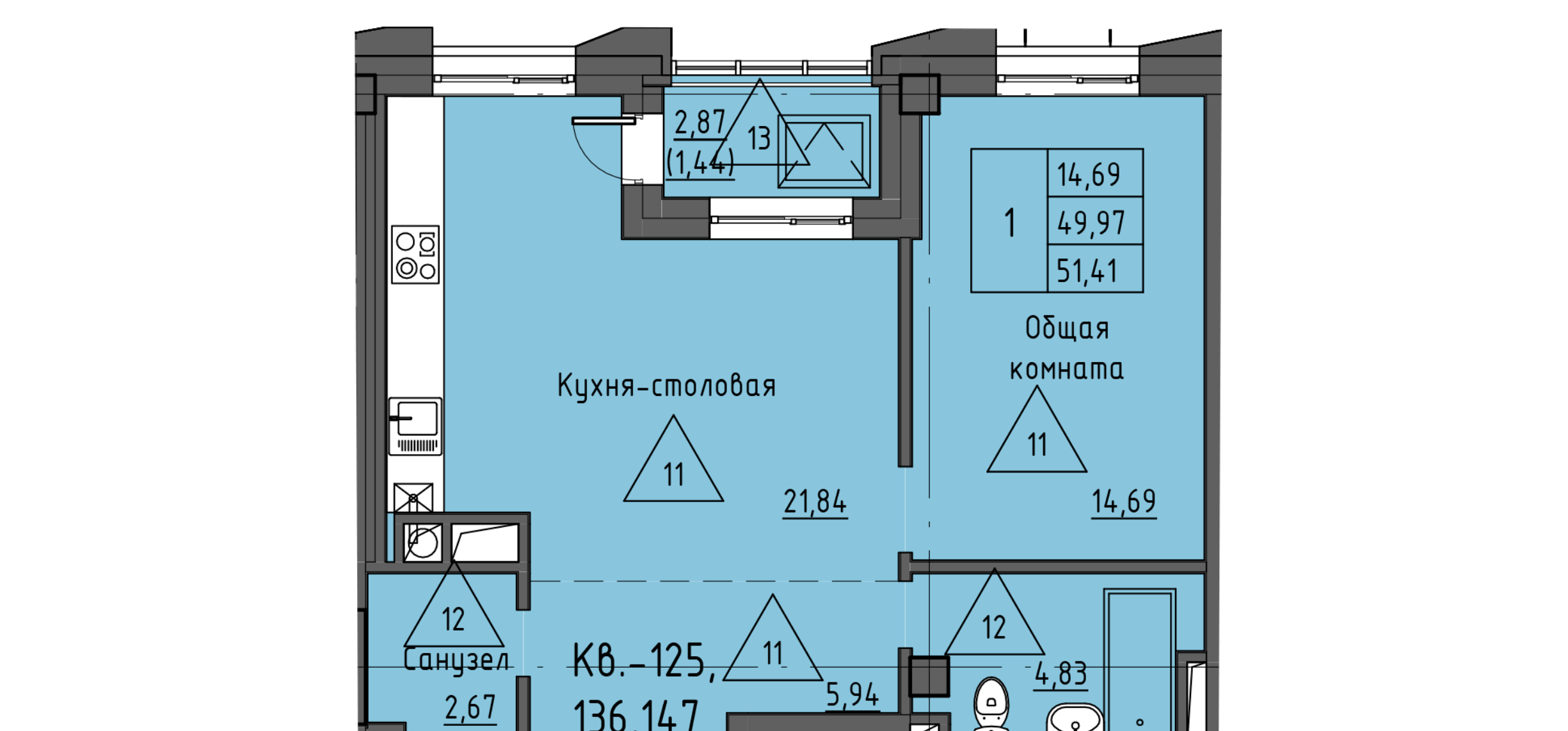 2 комн., 51.41 м²