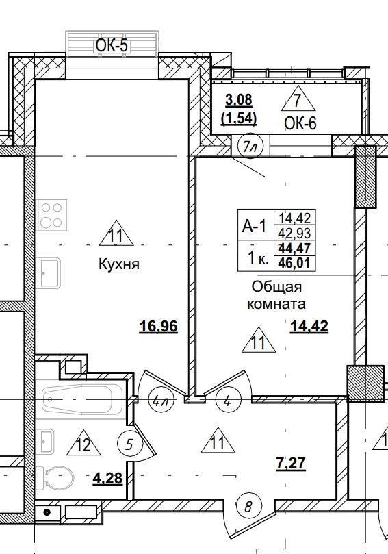 1 комн., 44.47 м²