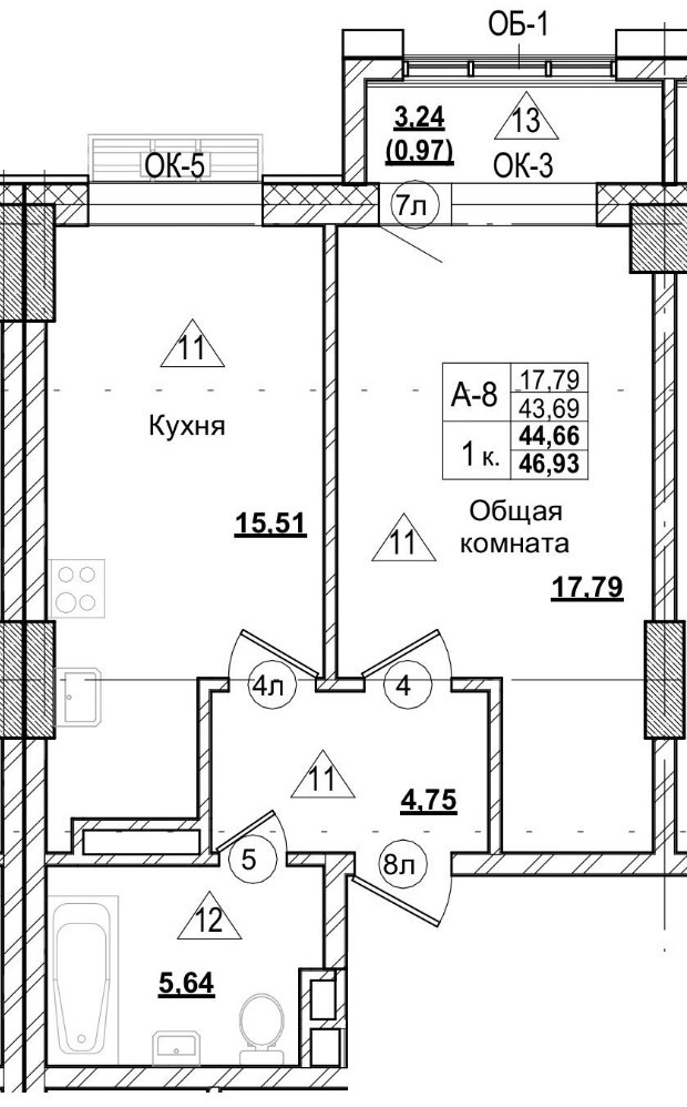 1 комн., 44.68 м²