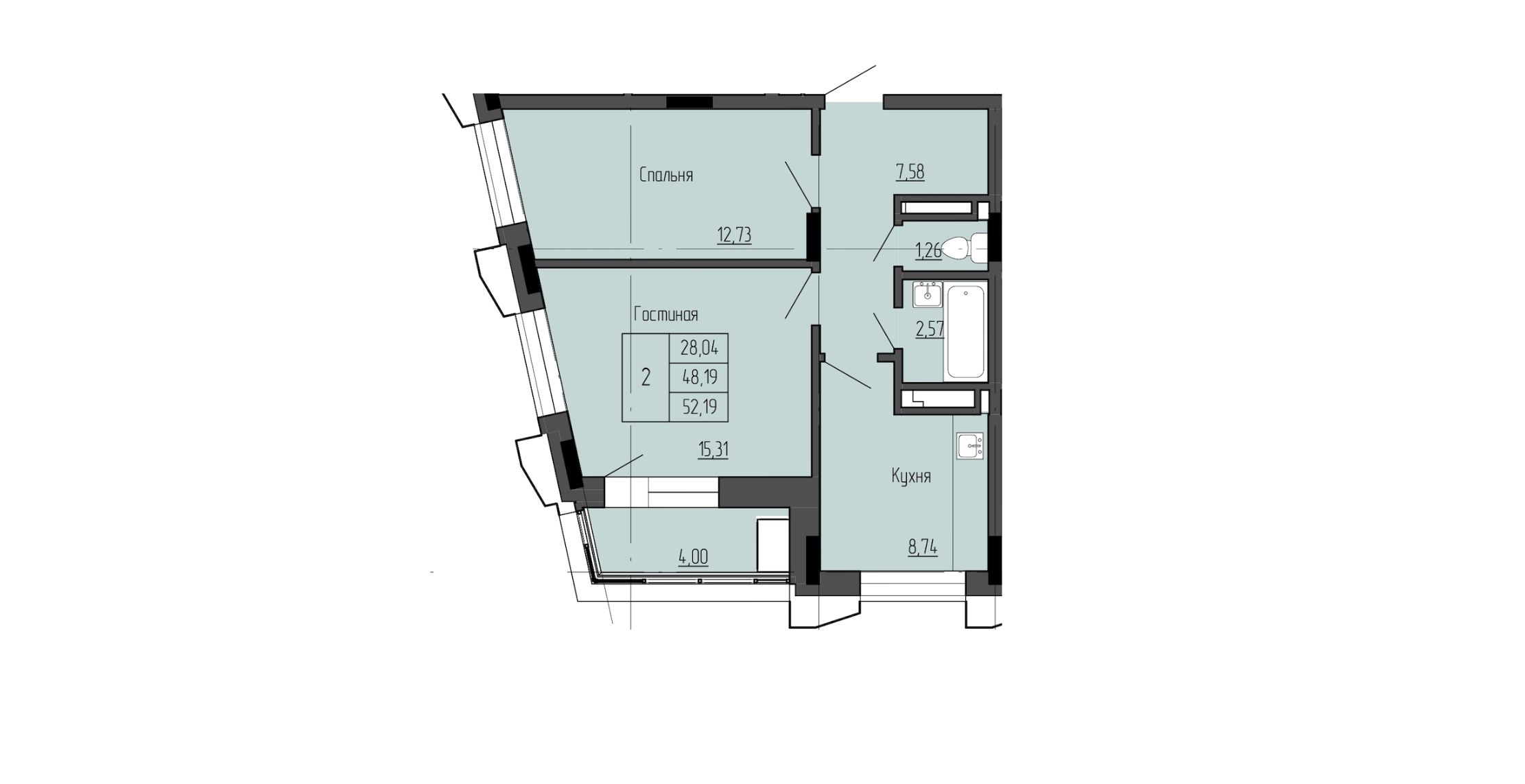 2 комн., 52.19 м²