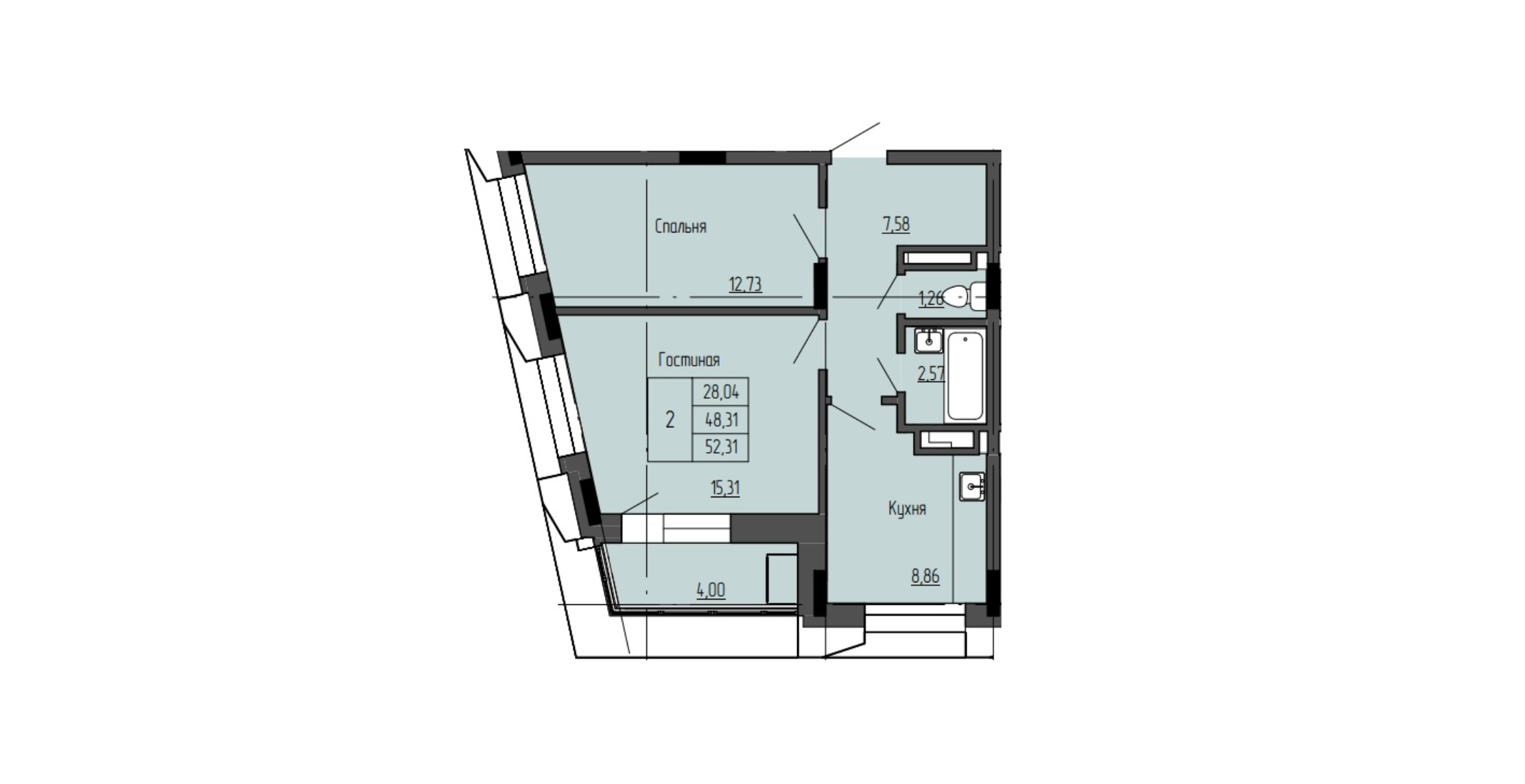2 комн., 52.31 м²