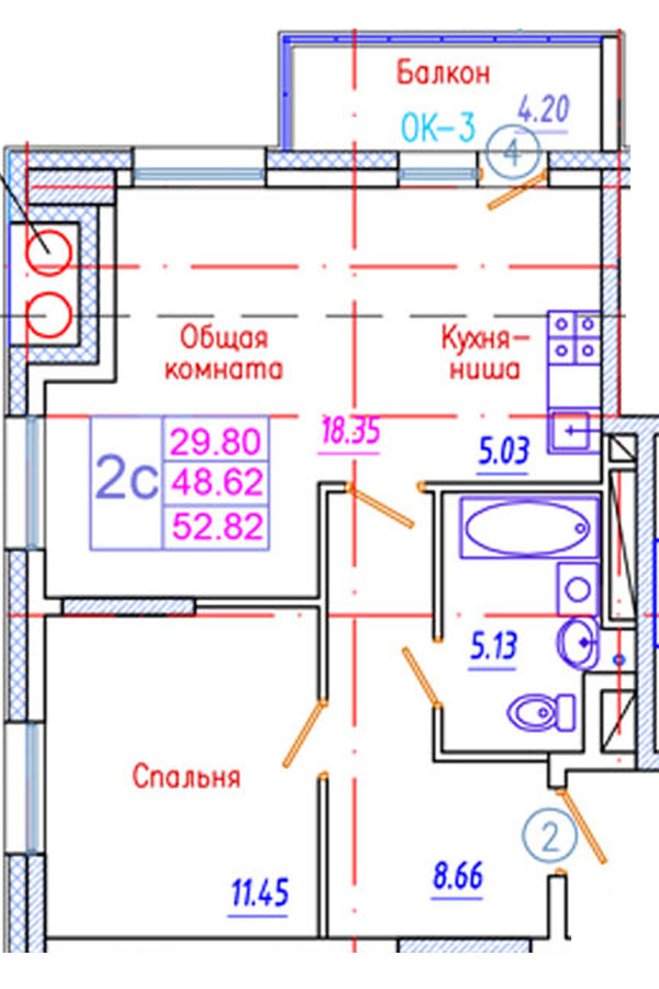 2 комн., 52.82 м²