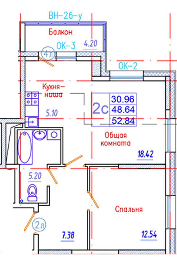 2 комн., 52.84 м²