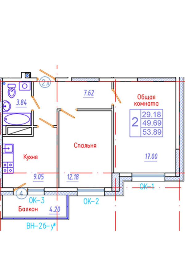 2 комн., 53.89 м²