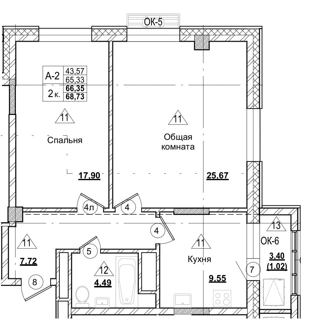 2 комн., 66.36 м²