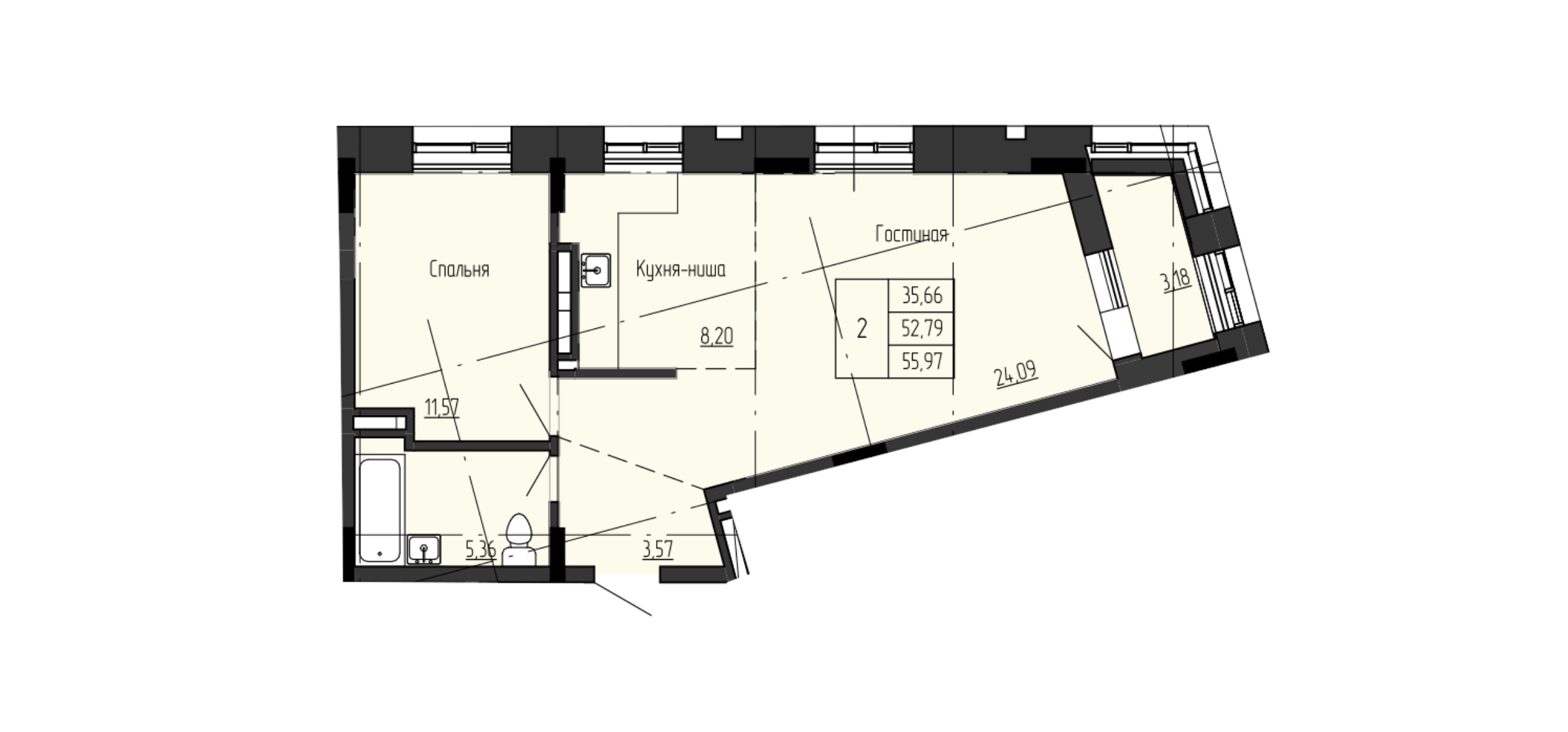 2 комн., 55.97 м²