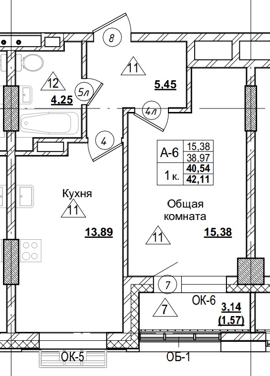 1 комн., 40.54 м²