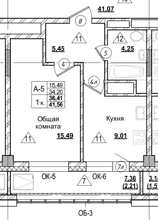 1 комн., 36.69 м²