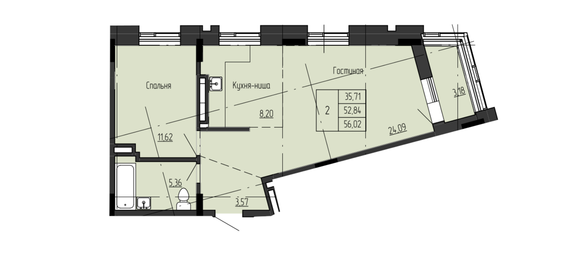 2 комн., 56.02 м²