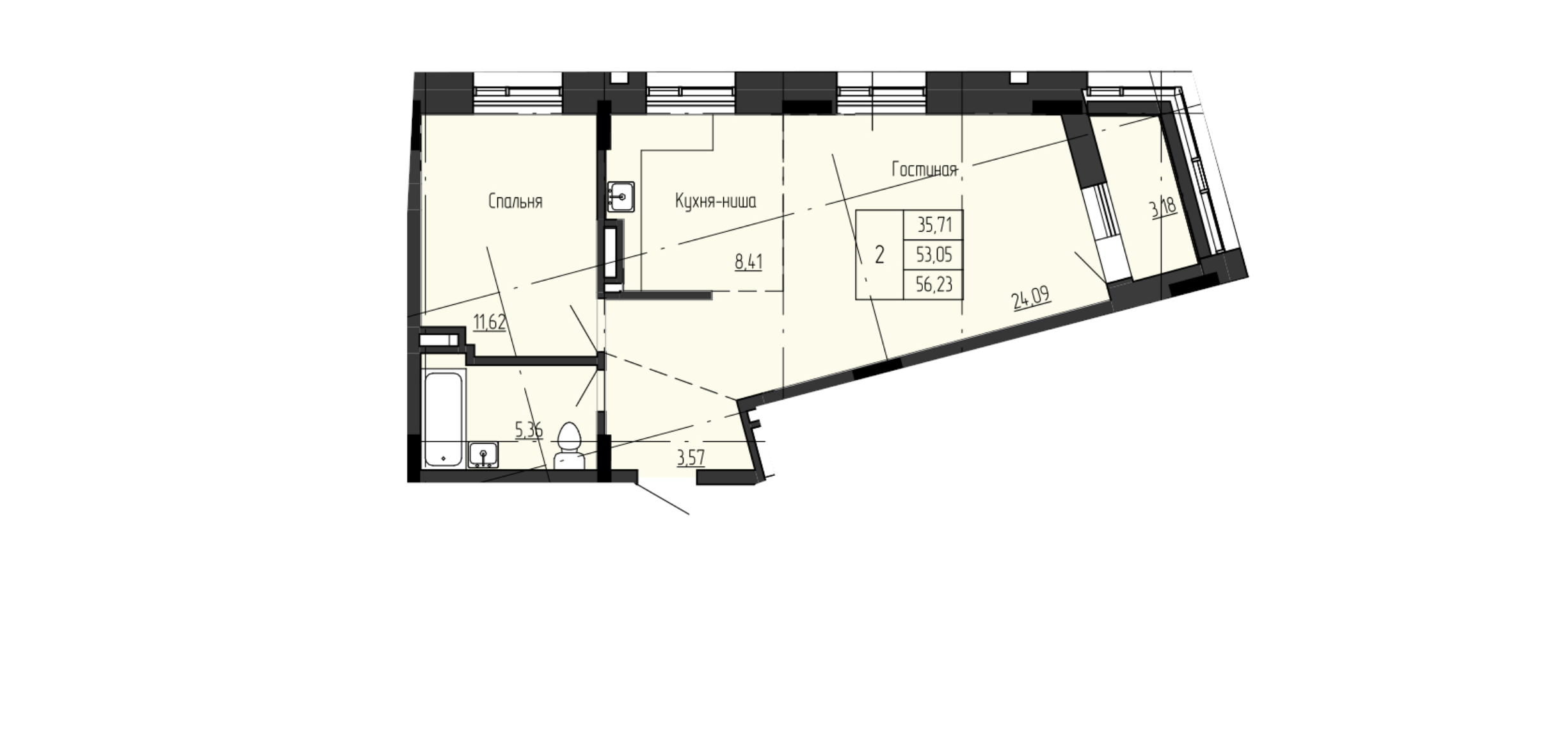 2 комн., 56.23 м²