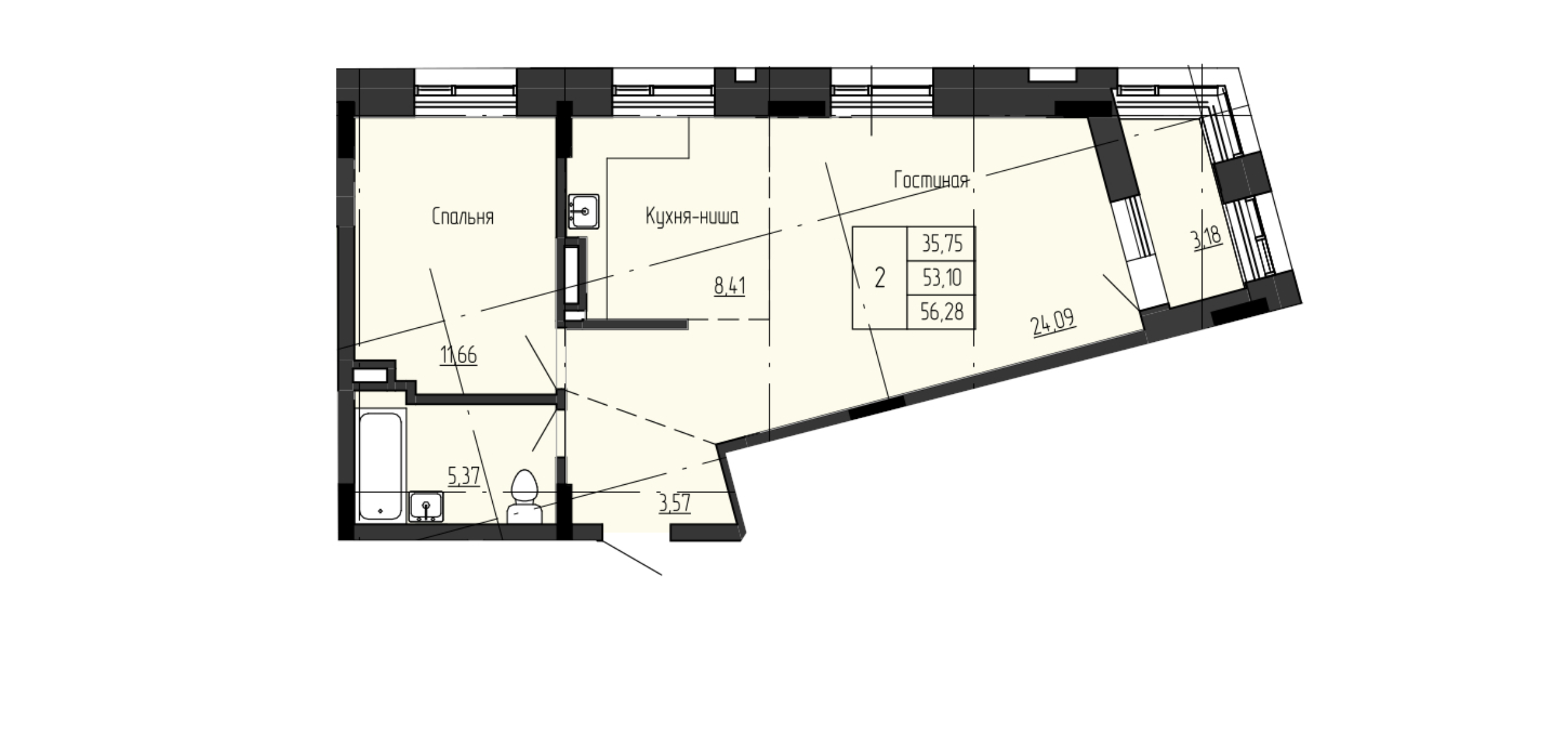 2 комн., 56.28 м²