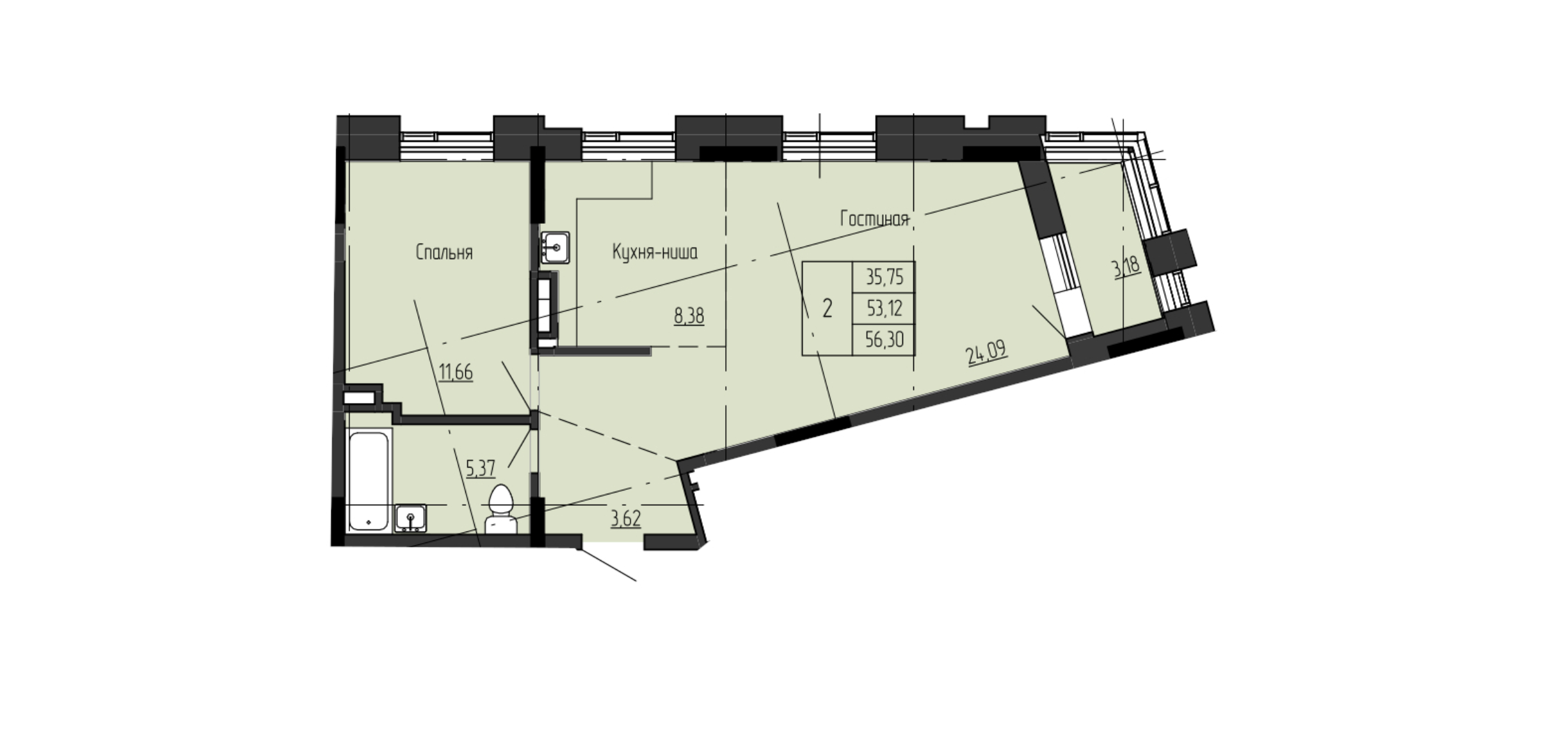 2 комн., 56.30 м²