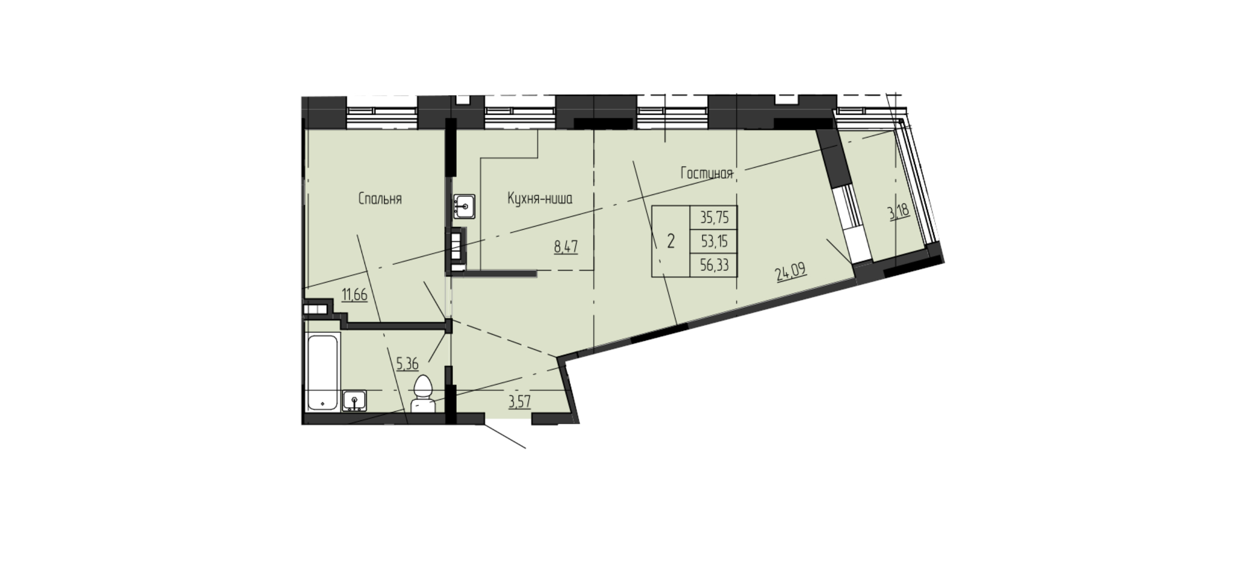 2 комн., 56.33 м²