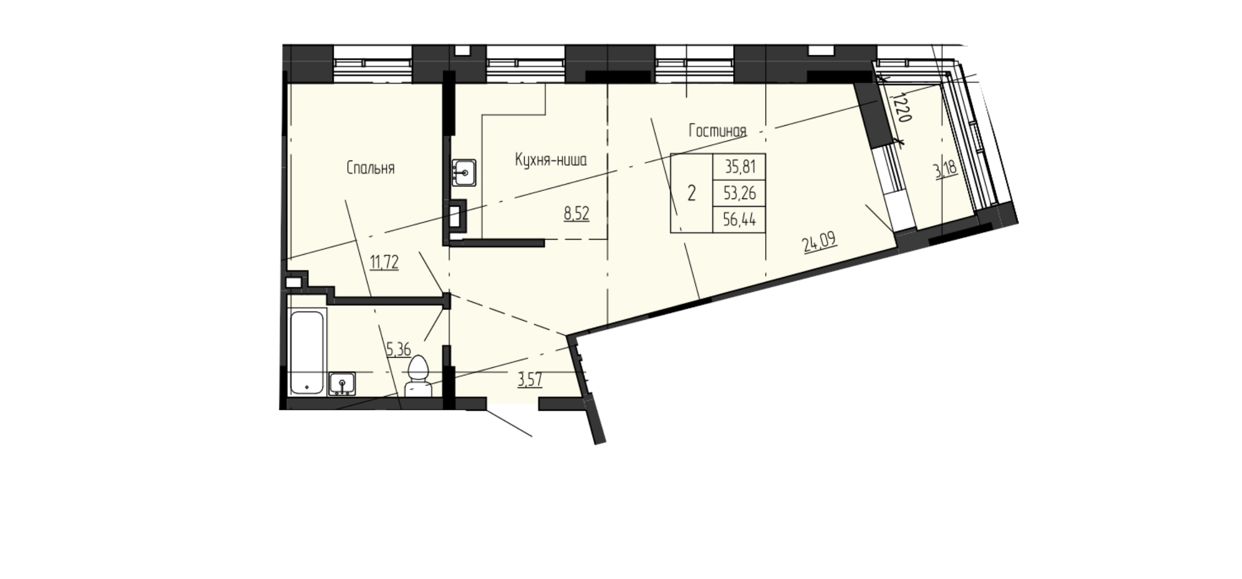 2 комн., 56.44 м²