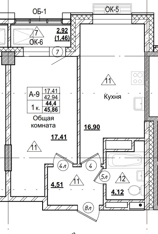 1 комн., 44.40 м²