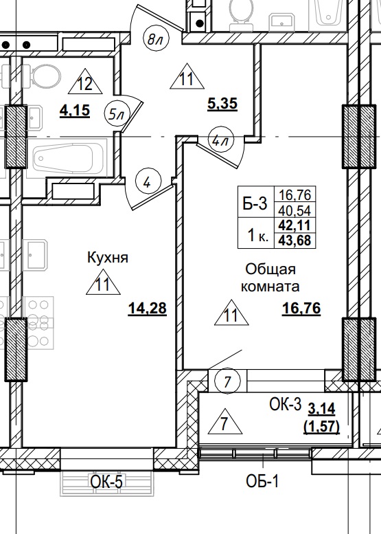 1 комн., 42.11 м²