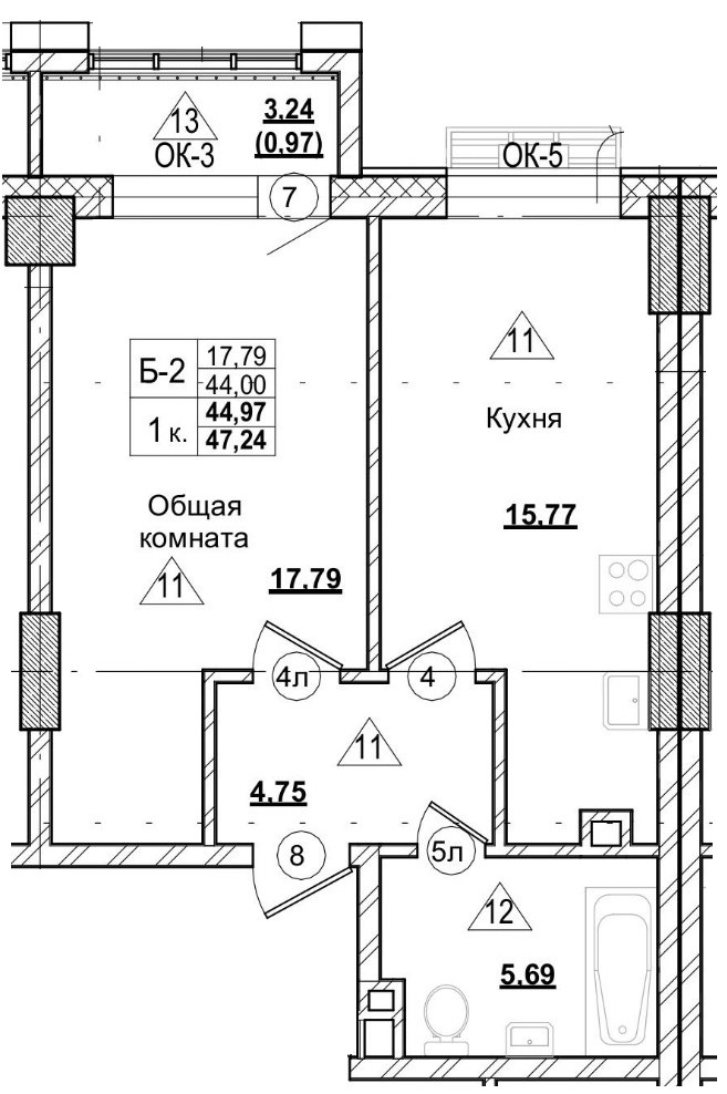 1 комн., 45.01 м²