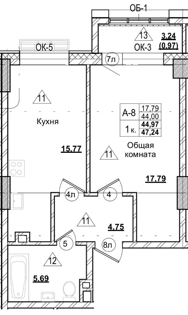 1 комн., 45.00 м²